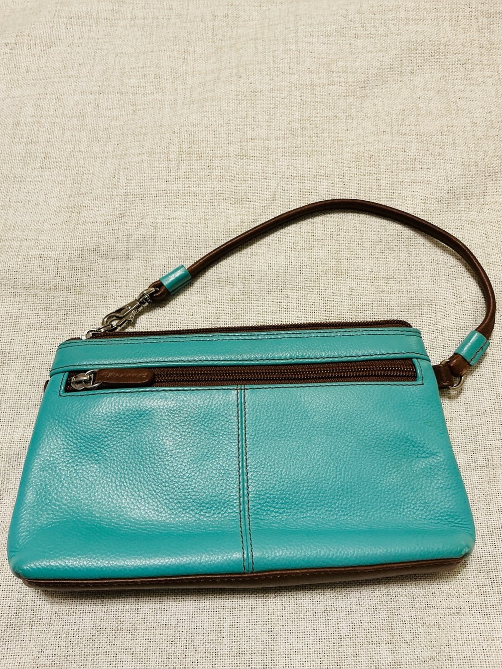 REID Aqua Blue Leather Whipstitch Wristlet Clutch Brown Trim Zip Pouch EUC - Picture 3 of 6